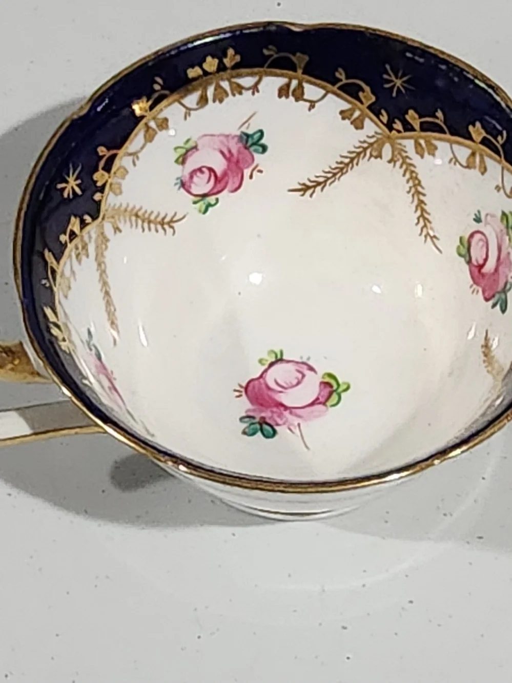 Antique Grosvenor China Bouillon Cups Pair Cobalt Blue Gold Rose 1920s Jackson G